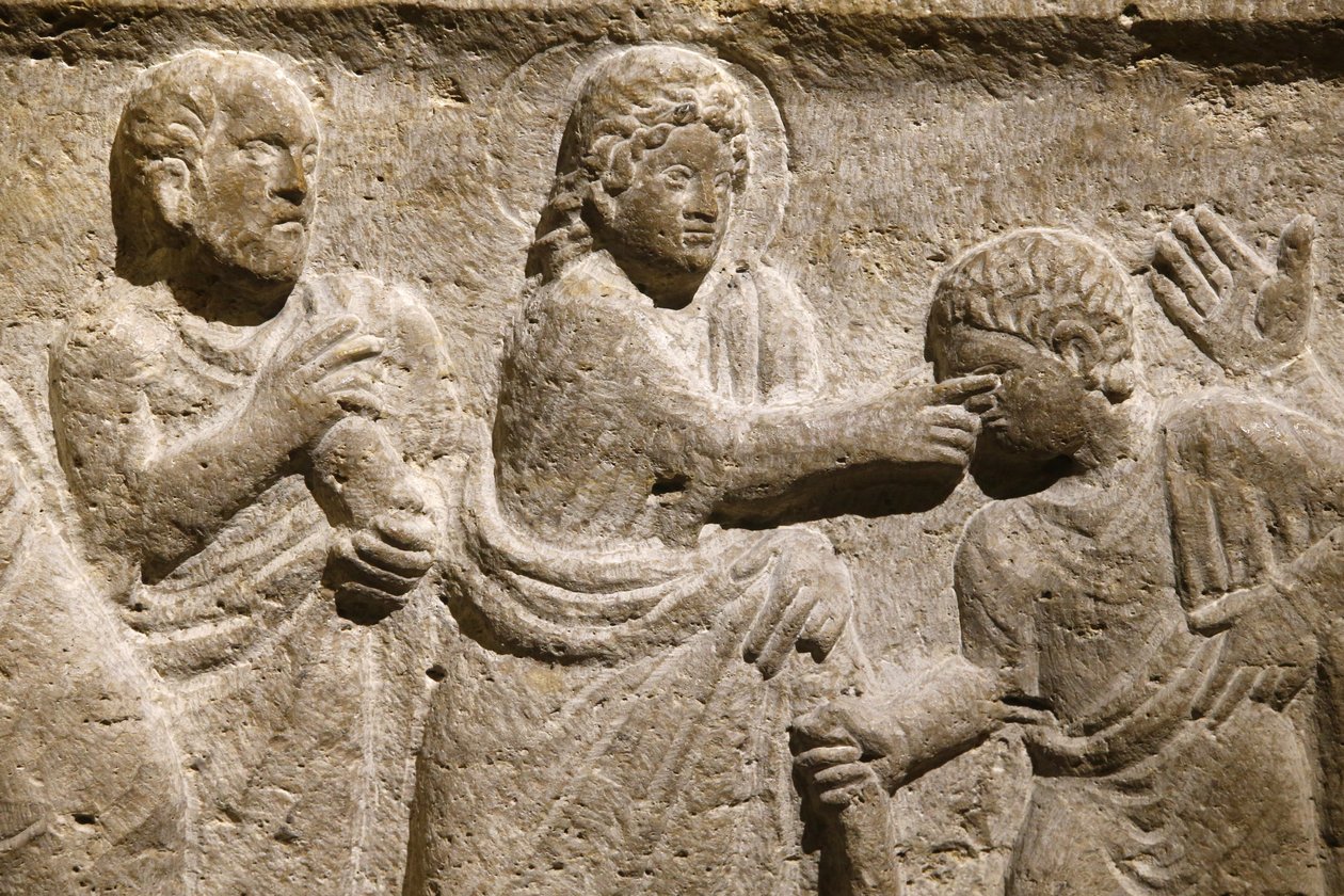 Opatství Saint Victor, Marseille. Detail sarkofágu: Ježíš uzdravuje slepého muže. Francie od Unbekannt