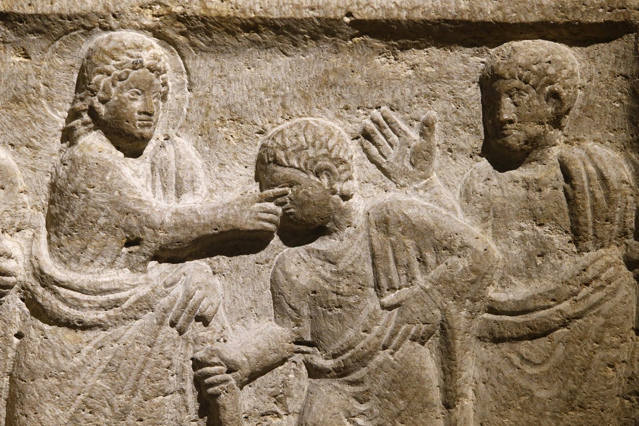Opatství Saint Victor, Marseille. Detail sarkofágu: Ježíš uzdravuje slepého muže. Francie od Unbekannt