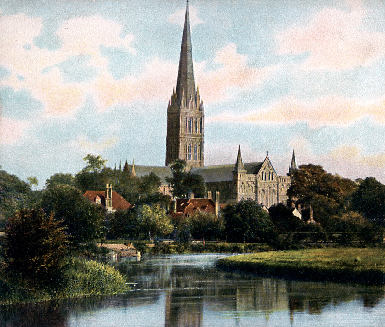 Katedrála v Salisbury při pohledu z řeky Avon, Salisbury, Wiltshire, počátek 20. století od Unbekannt