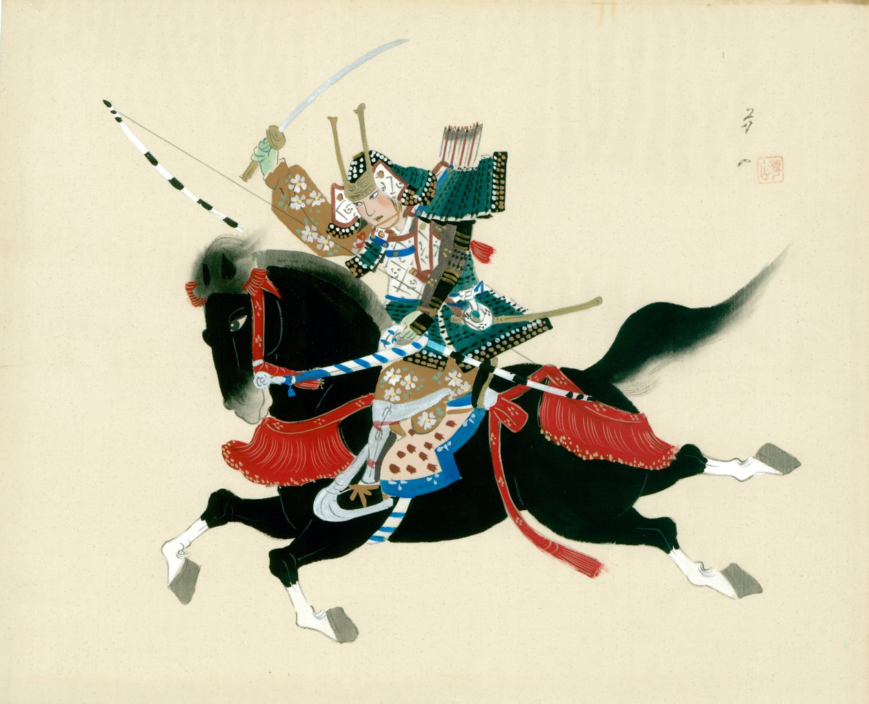 Samurajský válečník jedoucí na koni. Japonská malba na hedvábí v tradičním japonském stylu od Unbekannt