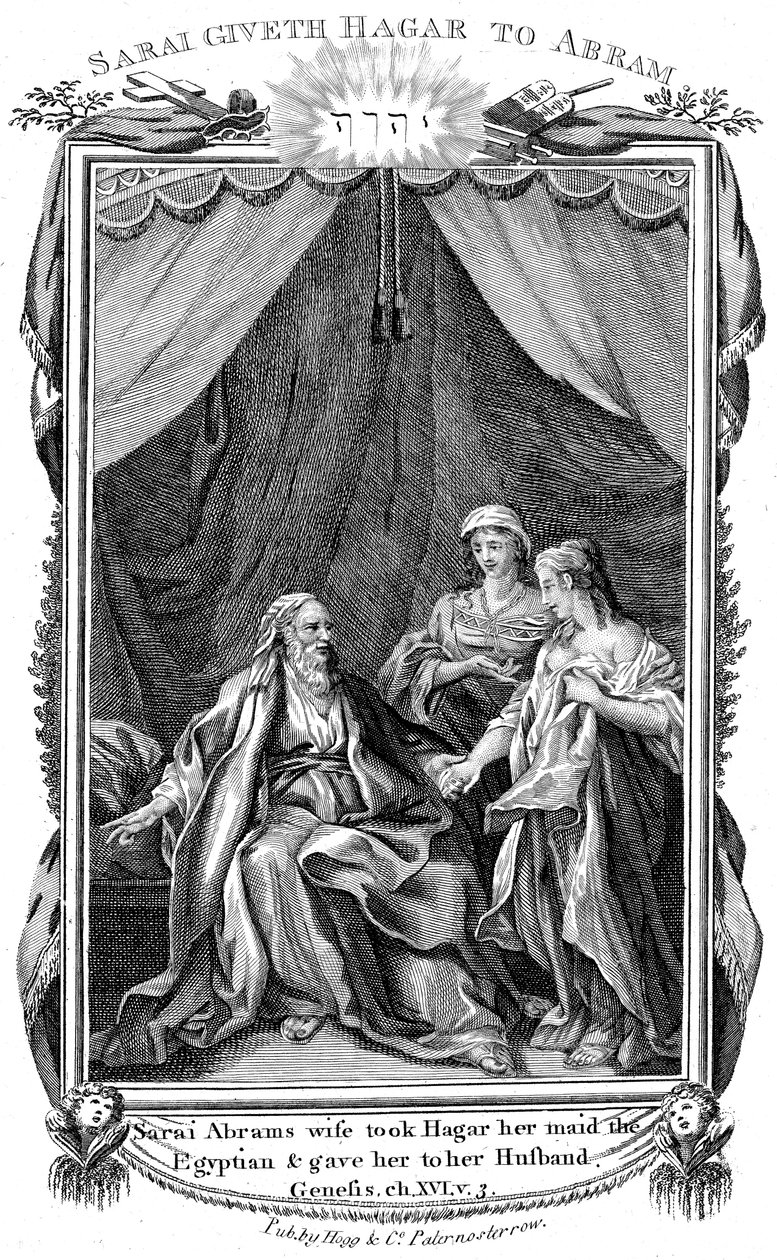 Sarah, Abrahamova manželka, protože je neplodná, nabízí Hagar svou služku svému manželovi, c1804 od Unbekannt