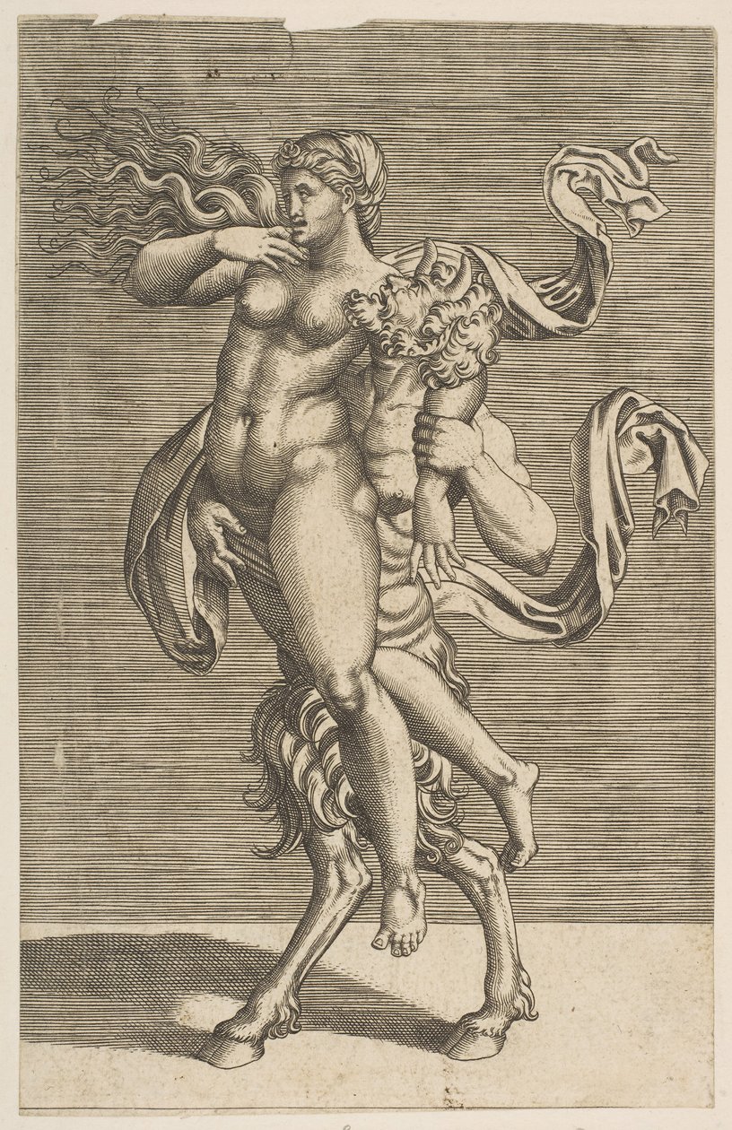 Satyr nesoucí nymfu omezující její pravou paži, ca. 1515-1600. od Unbekannt