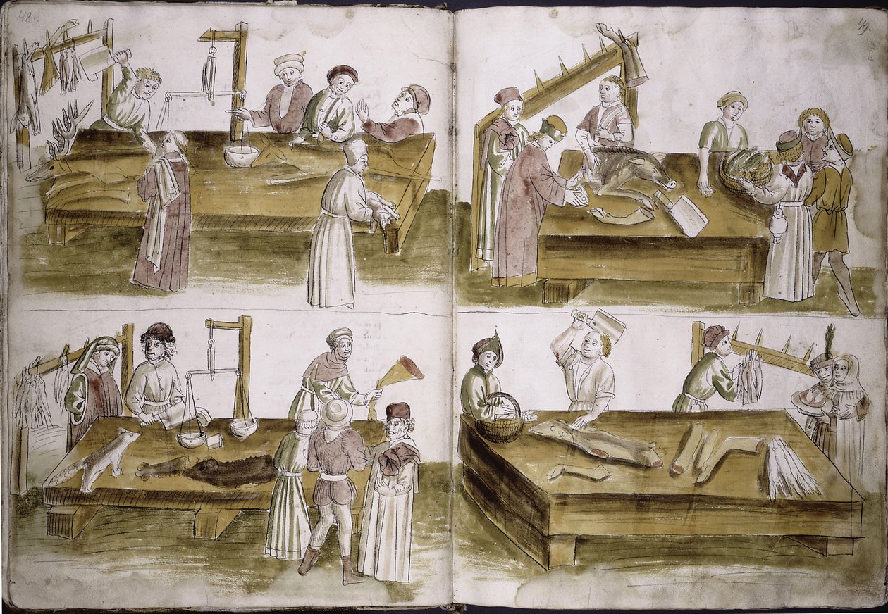 Scéna ze života na trhu s řezníky z: Ulrich Richental Kronika kostnického koncilu, 1414-1418 od Unbekannt