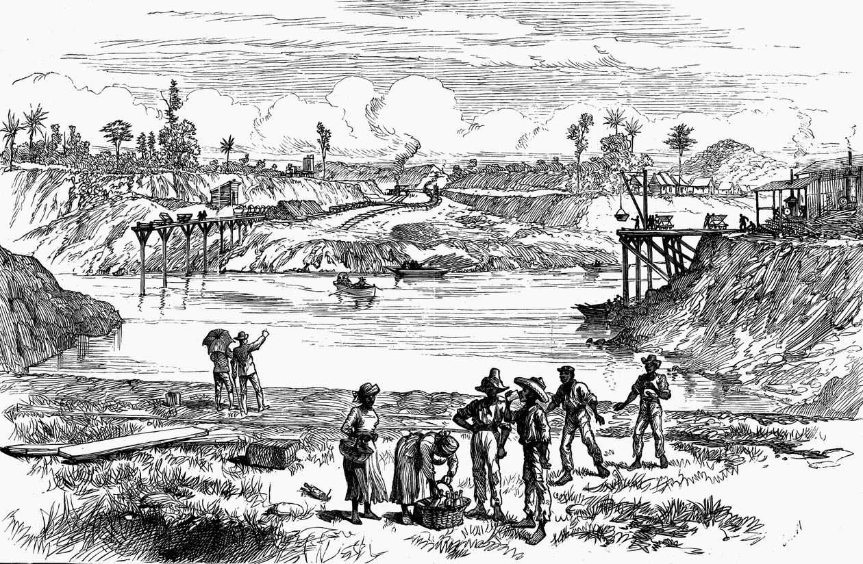 Scéna z pokusu de Lesseps vykopat Panamský průplav, 1888 od Unbekannt
