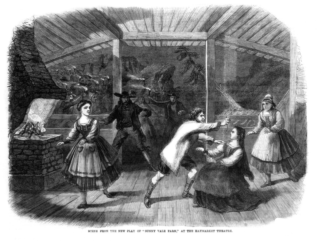 Scéna ze hry Sunny Vale Farm, uvedené v Haymarket Theatre, Londýn, 1864 od Unbekannt