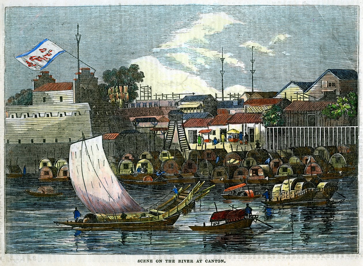 Scéna na řece v Kantonu, Čína, c1840 od Unbekannt
