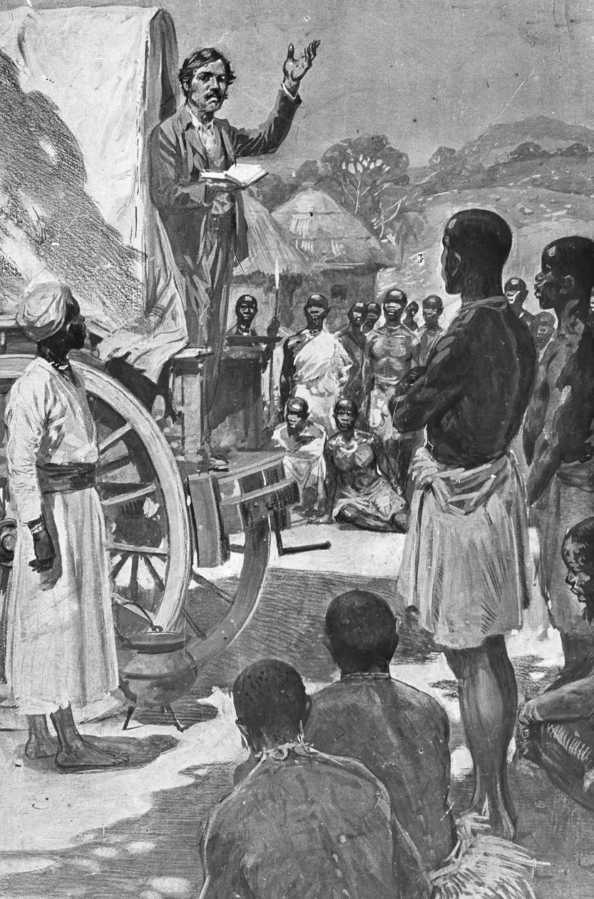 Skotský průzkumník a misionář David Livingstone káže z vozu, Afrika, 19. století od Unbekannt