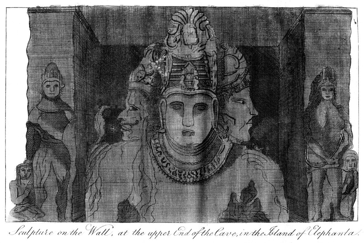 Socha na zdi na horním konci jeskyně, ostrov Elephanta, Indie, 1799 od Unbekannt