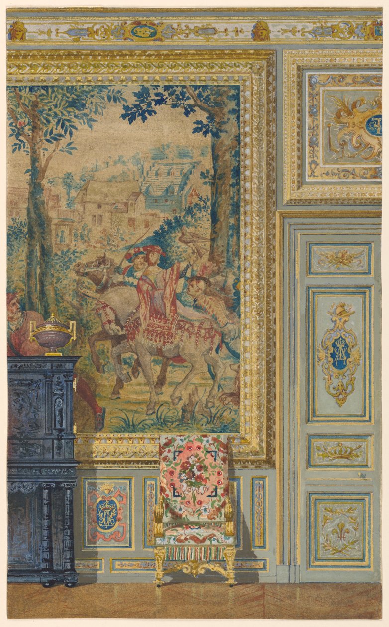 Část zdi zobrazující část vlámské tapiserie, gobelínová místnost, palác Fontainebleau, Francie od Unbekannt
