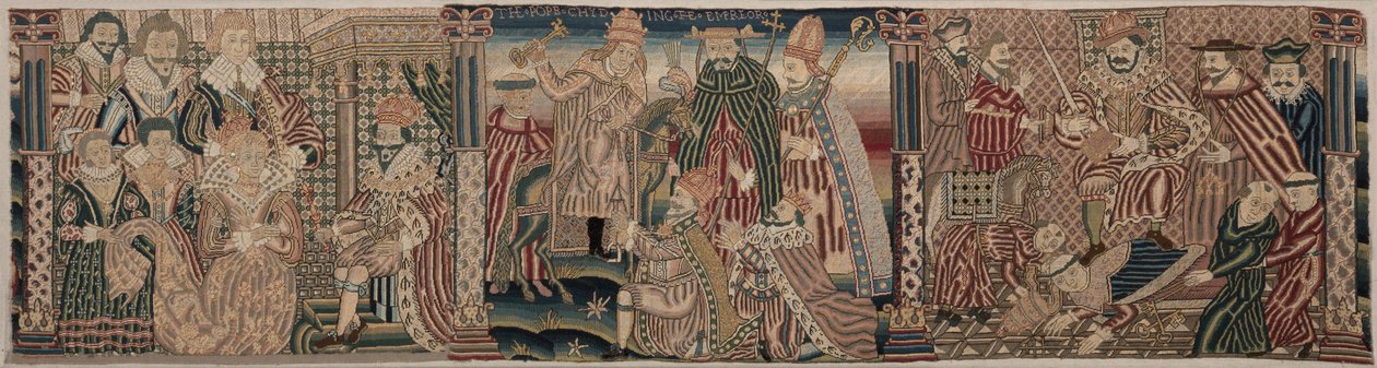 Část vyšívaného vlysu: Ahasver a Ester, Papež plísní císaře, 1625-1649. od Unbekannt