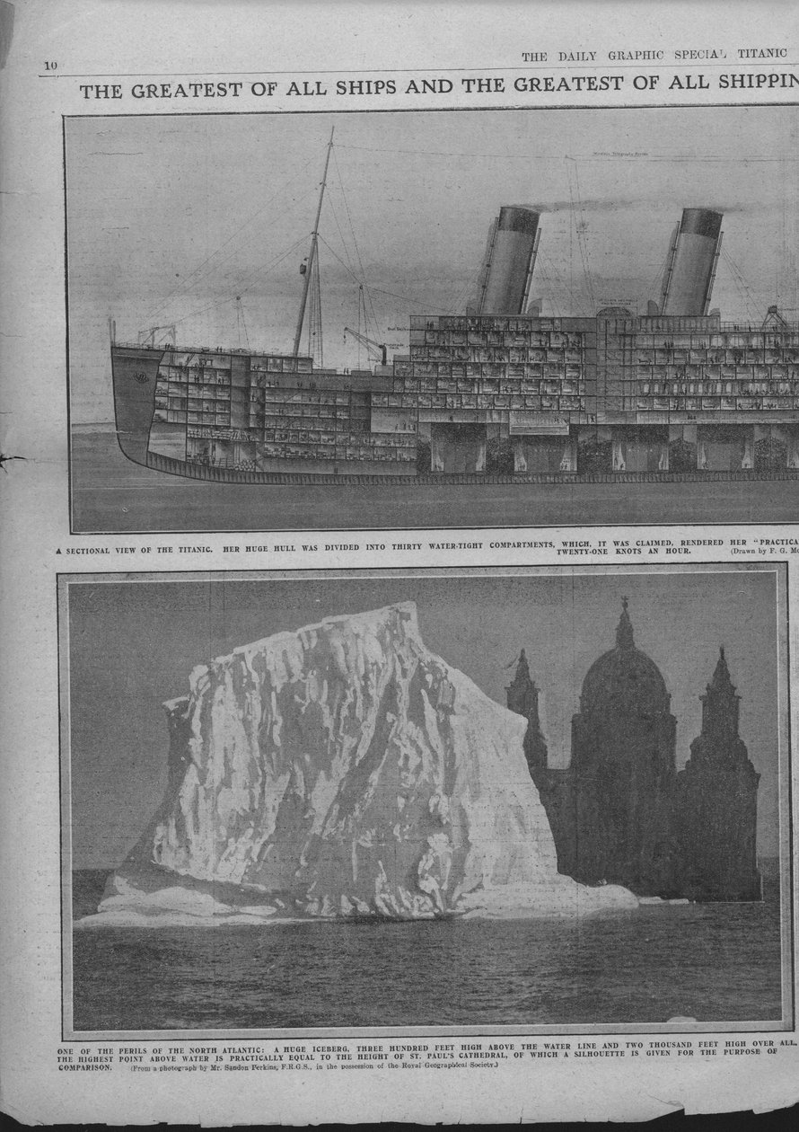 Průřezový diagram Titanicu a ledovce, 20. dubna 1912. od Unbekannt