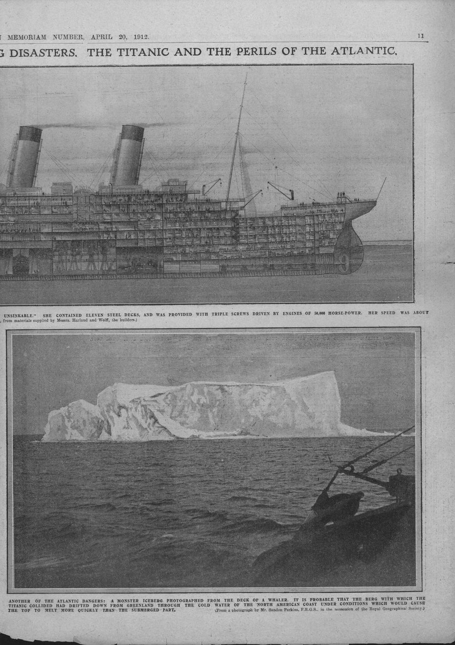Průřezový diagram Titanicu a ledovce, 20. dubna 1912. od Unbekannt