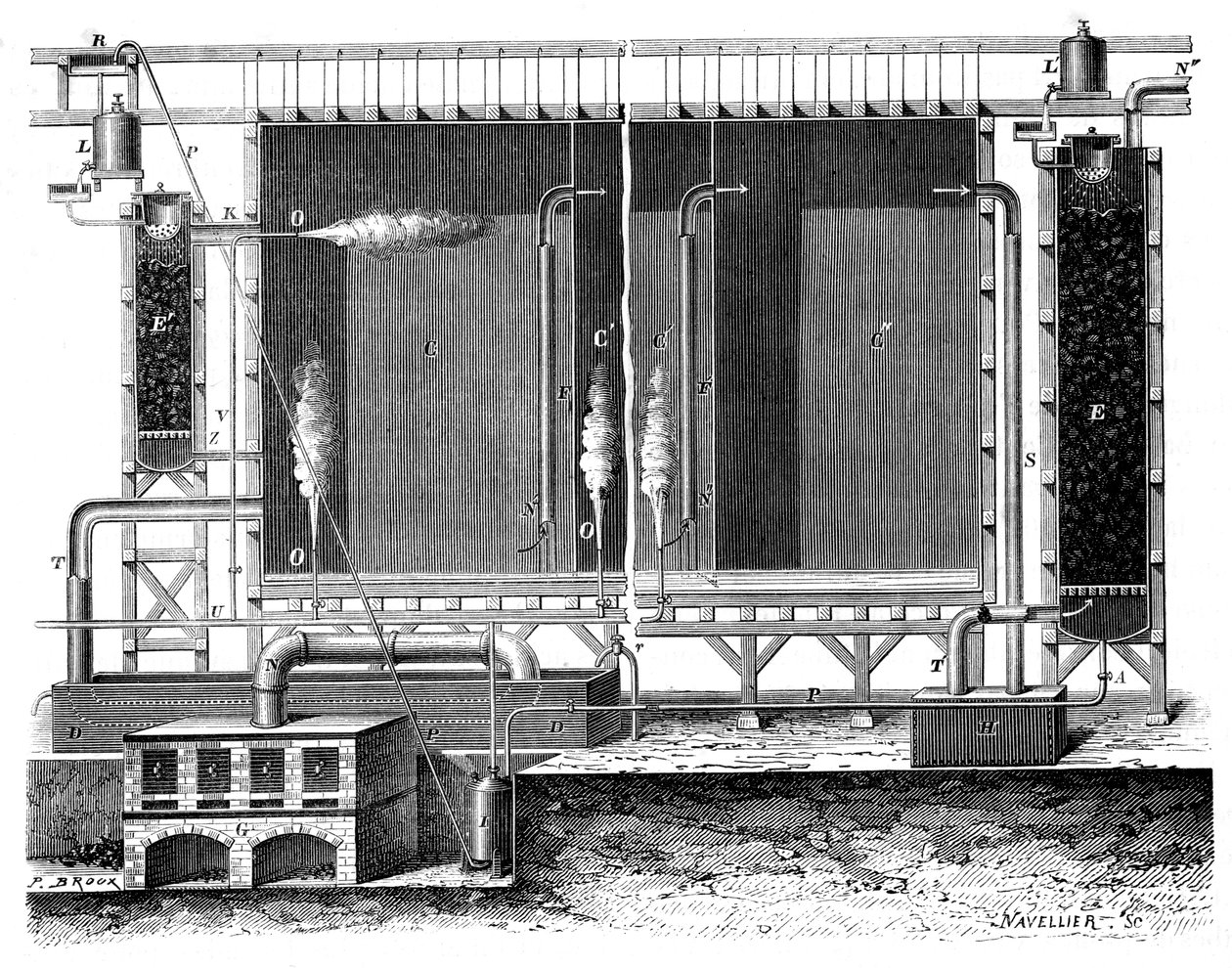 Pohled v řezu na olověné komory a absorpční věže Gay-Lussac, 1870 od Unbekannt