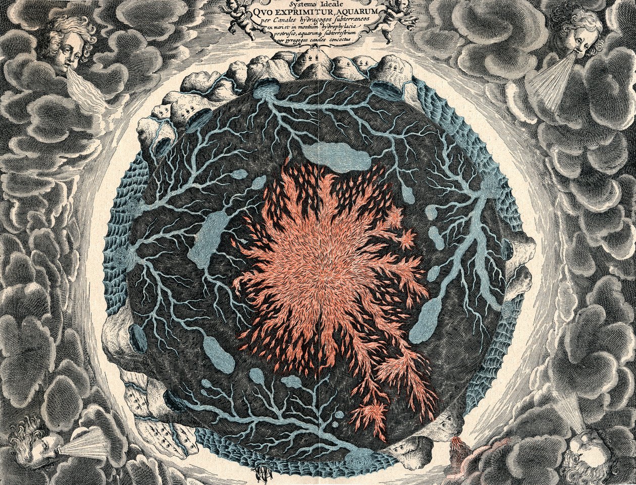 Pohled v řezu na Zemi, zobrazující centrální požární a podzemní kanály spojené s oceány, 1665 od Unbekannt