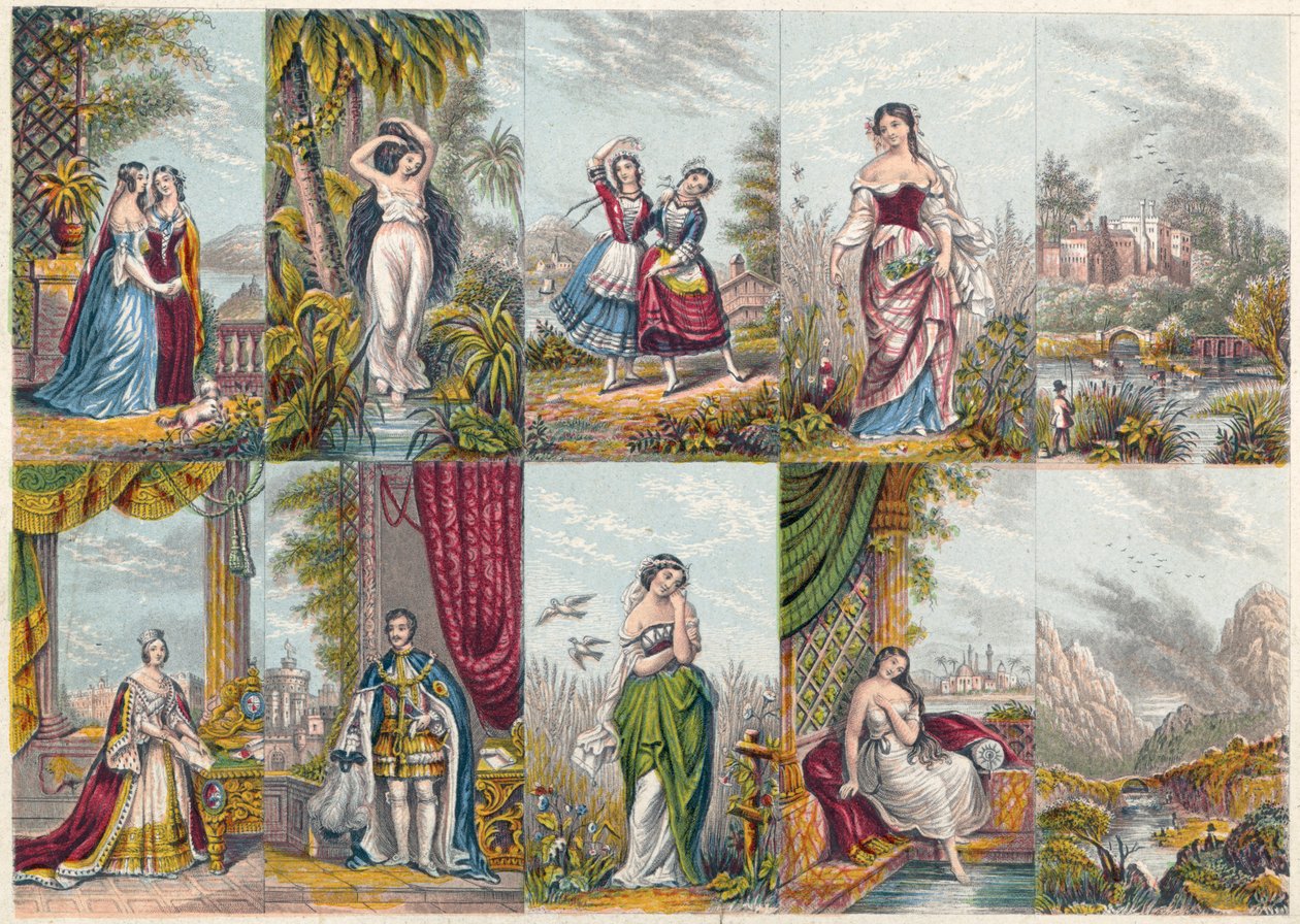 Řada pohledů a postav, včetně portrétu královny Viktorie a prince Alberta, 1851 od Unbekannt