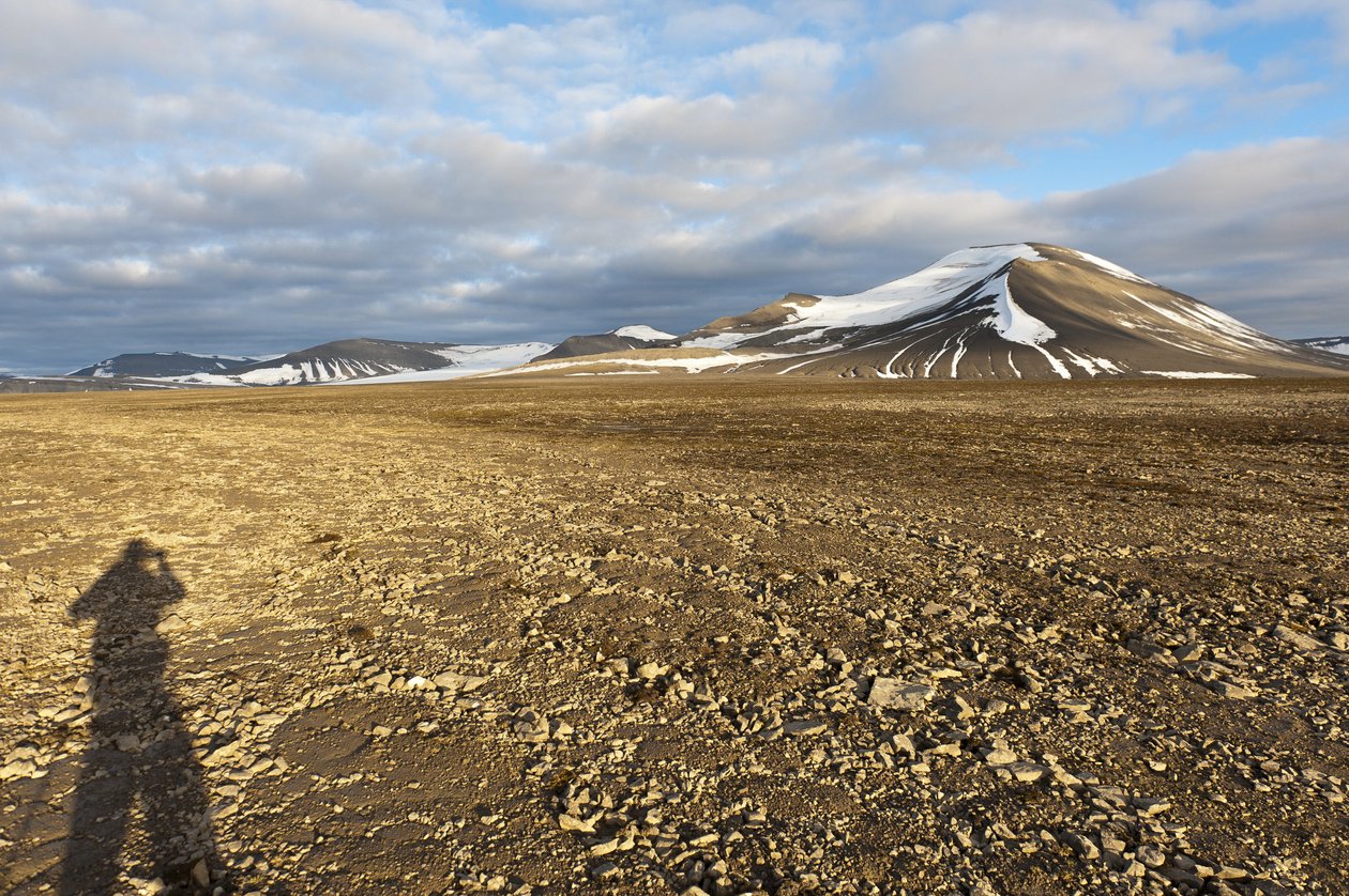 Stín lidské, polygonální strukturální půdy na Plataberget, zasněžený vrchol Nordenskjoeldfjellet vzadu, poblíž Longyearbyen, Špicberky, Svalbard, Norsko, Evropa od Unbekannt