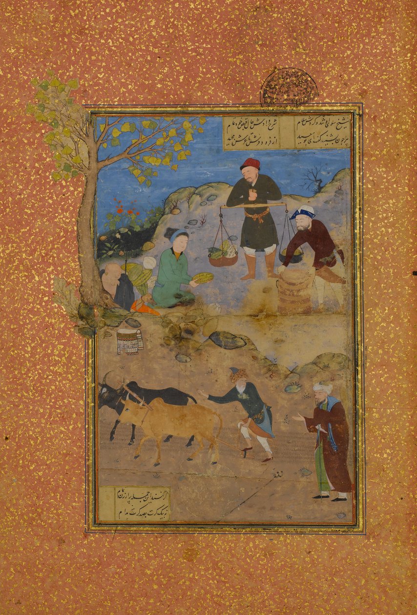 Shaikh Mahneh and the Villager, Folio 49r z Mantiq al-tair Language of the Birds, 1487. od Unbekannt