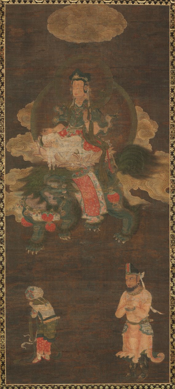 Šákjamuni triáda: Buddha navštěvovaný Manjushri a Samantabhadra Bodhisattva se lvem, konec 1300 od Unbekannt