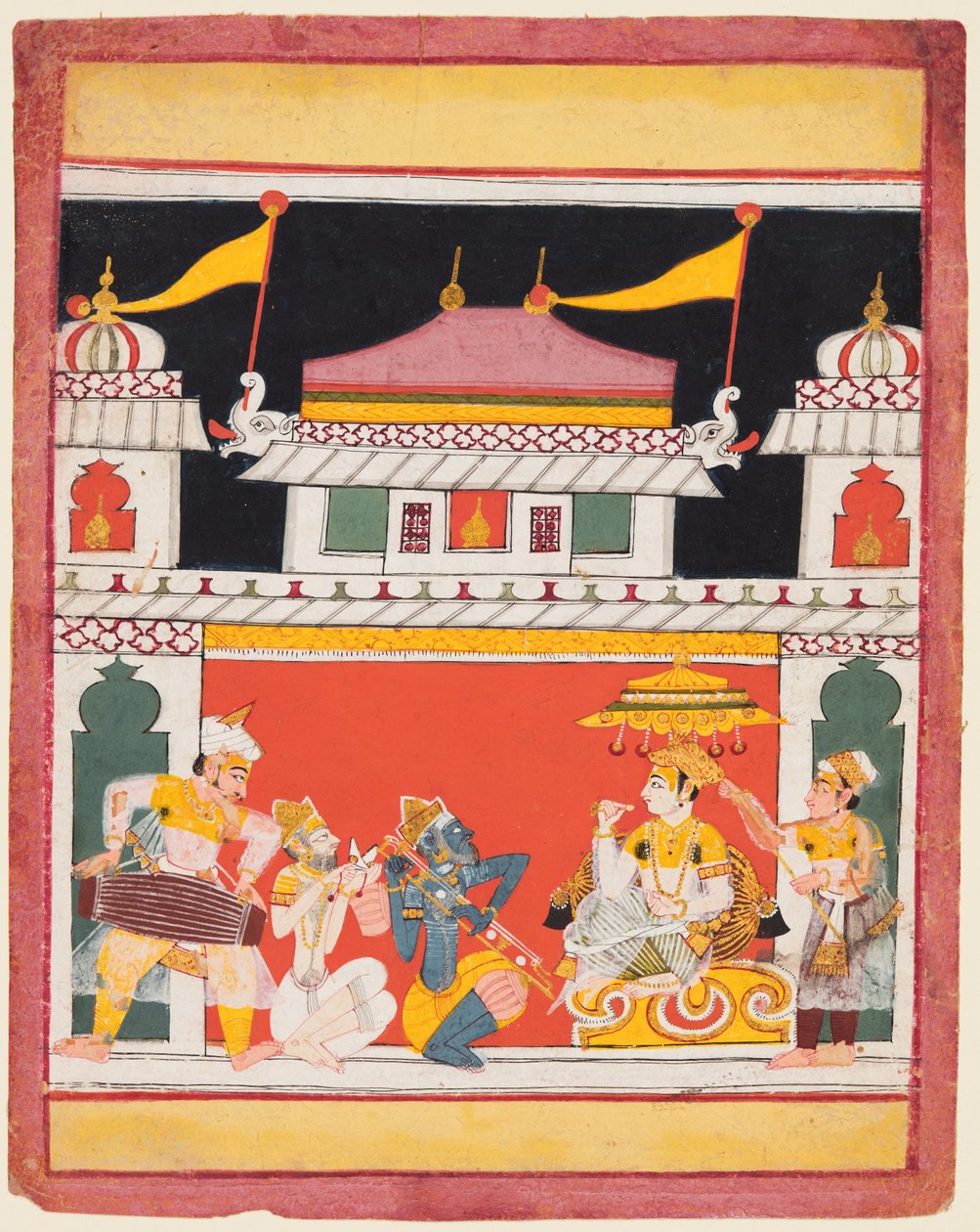 Shri Raga, ze série Ragamala, Tři hudebníci vystupují před šlechtou, c. 1650. od Unbekannt