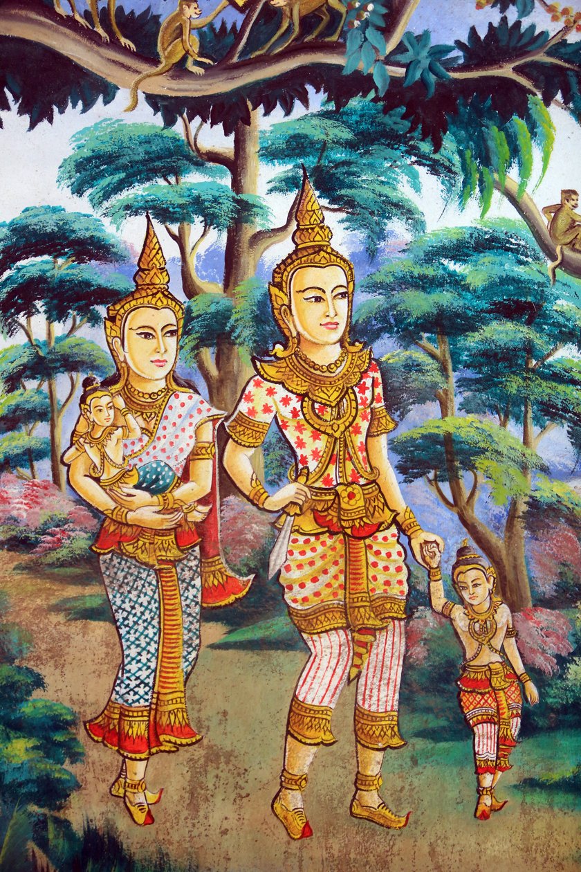 Siddhártha Gautama, jeho manželka Yashodhara a jeho syn Rahula. Obraz zobrazující životní příběh Buddhy Šákjamuniho. Co Naxai. Vientiane. Laos, 20151106, Vientiane, Laos od Unbekannt