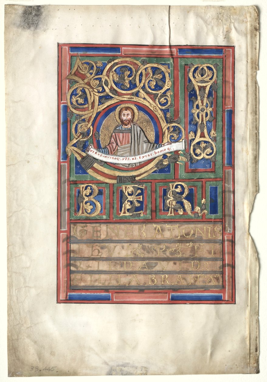 Jeden list vyříznutý z knihy evangelia s počátečním L[iber generationis]: St. Matthew verso, c1190 od Unbekannt