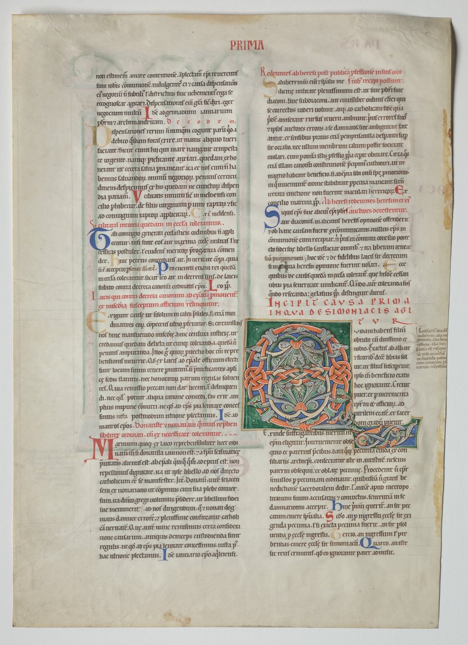 Jeden list z dekretu od Gratiana: Zdobené iniciály muže, který má syna..., c. 1160 od Unbekannt