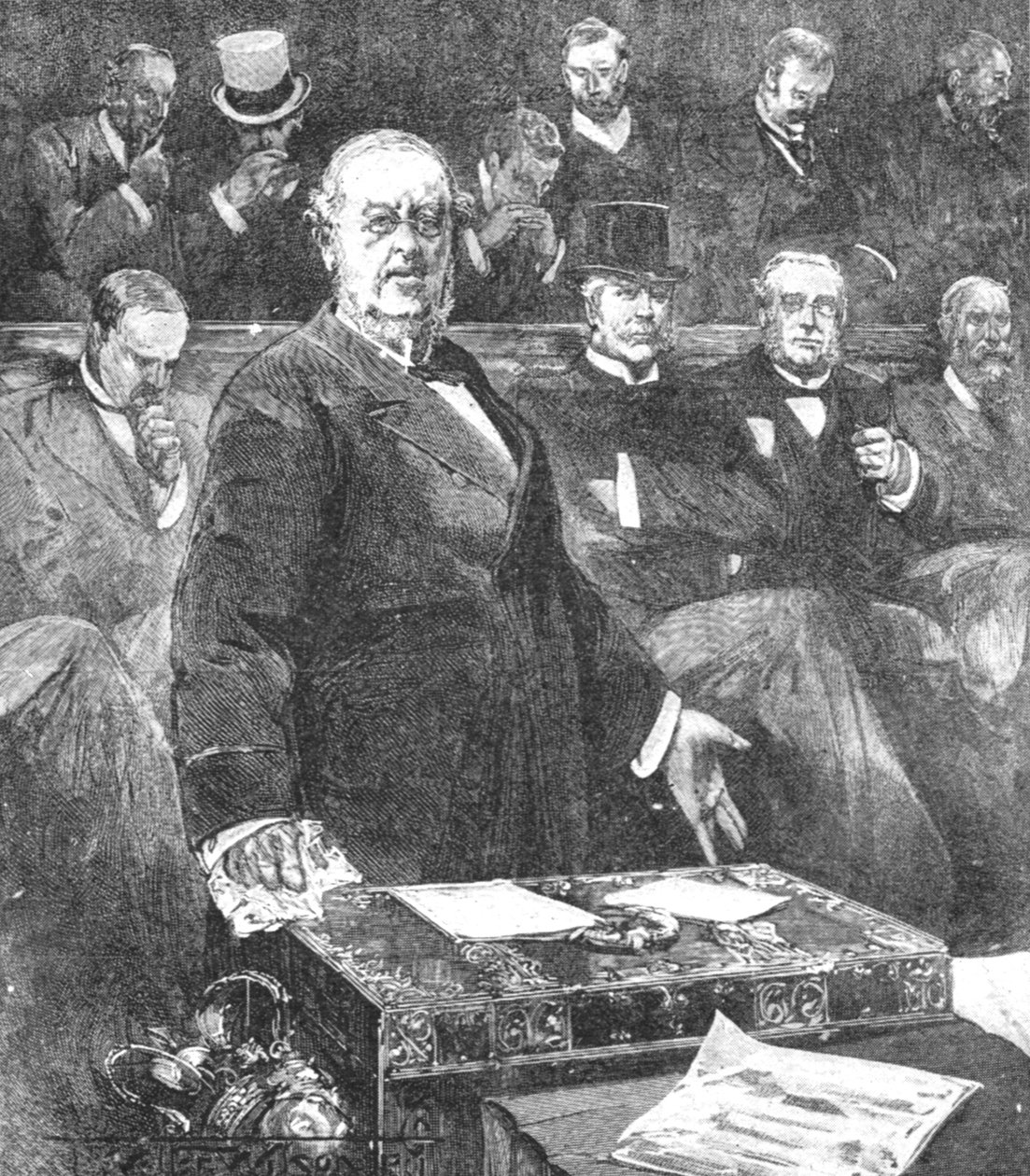 Sir William Harcourt oznamuje rezignaci vlády lorda Roseberyse, 1895, 1901. od Unbekannt