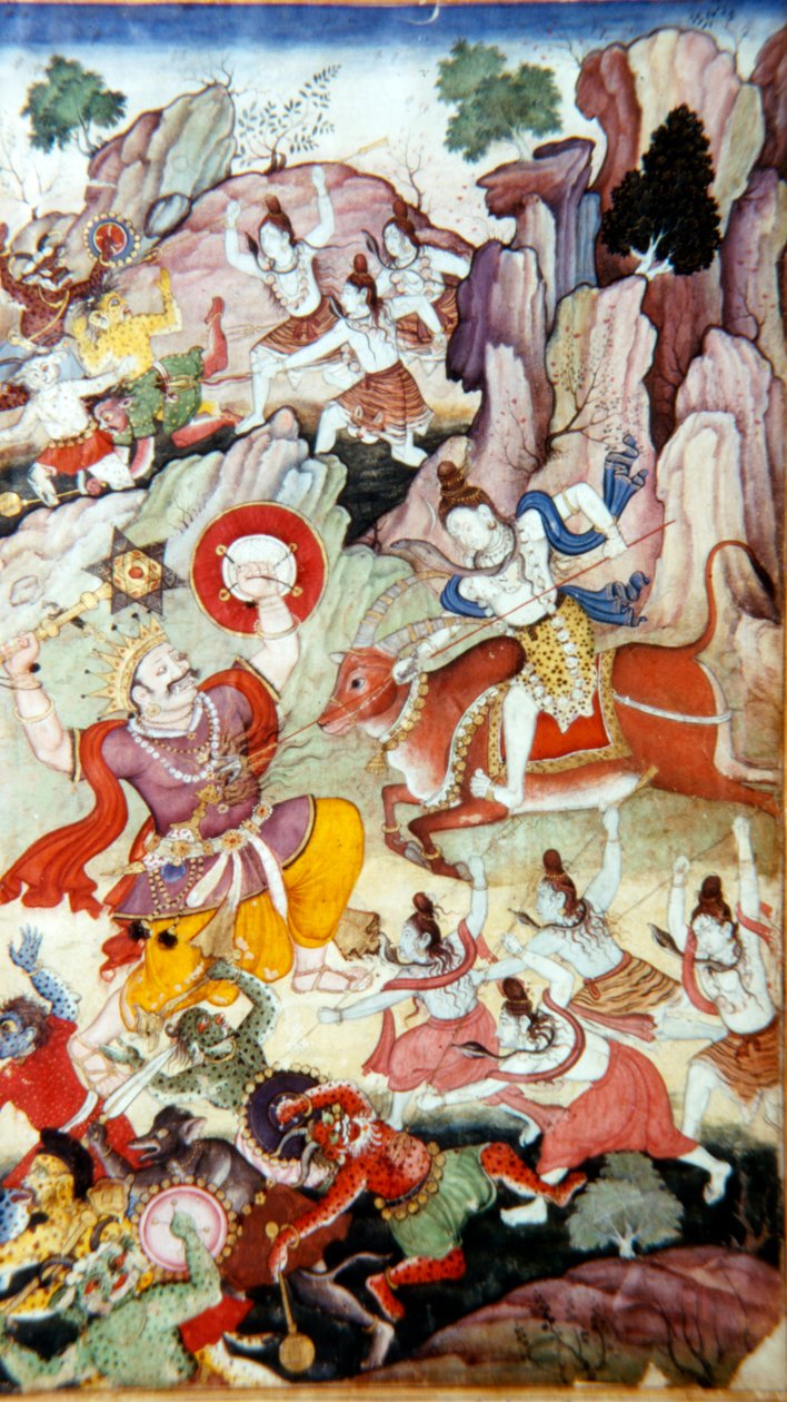 Siva Destroys the Demon and Haka, Harivamsa rukopis, Mughal School, c1590 od Unbekannt