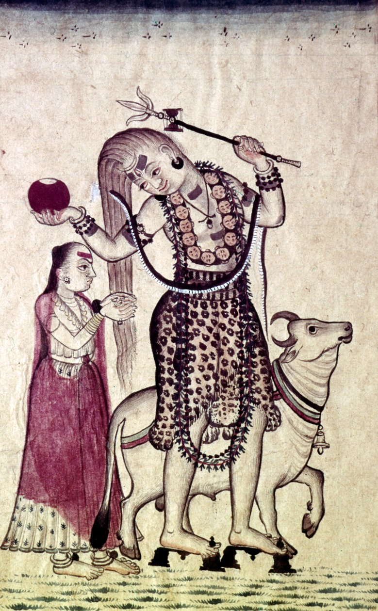 Siva, následovaný jeho chotí Parvati, kráčející s býkem, Nandi, c1730. od Unbekannt