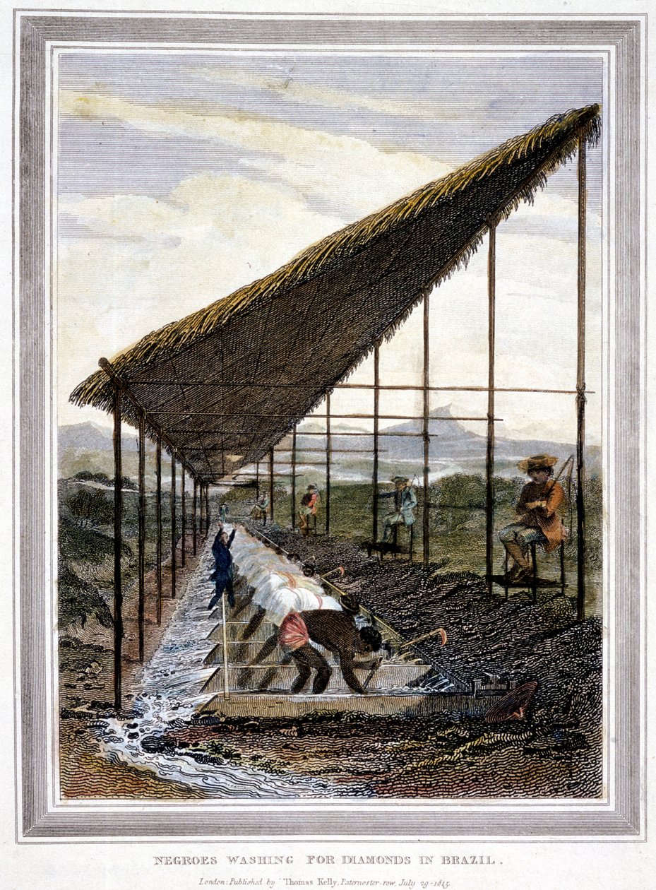 Otroci mytí diamantů, nad nimiž dohlíželi dohlížitelé s bičem, Brazílie, 1815 od Unbekannt