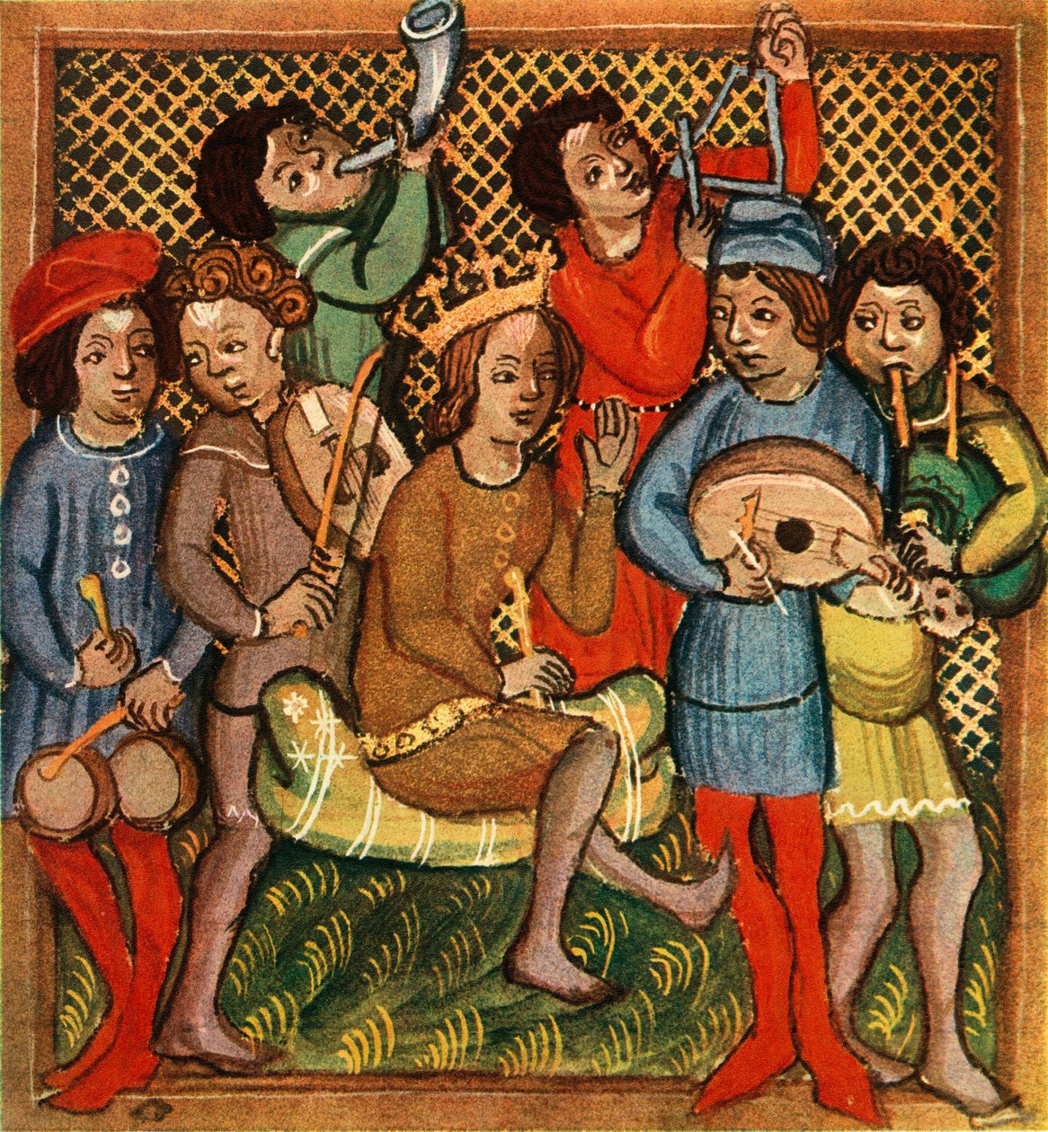 Malé bubny, housle, lesní roh, trojúhelníková loutna a dudy, Bible Olomouc, 1417, 1948 od Unbekannt