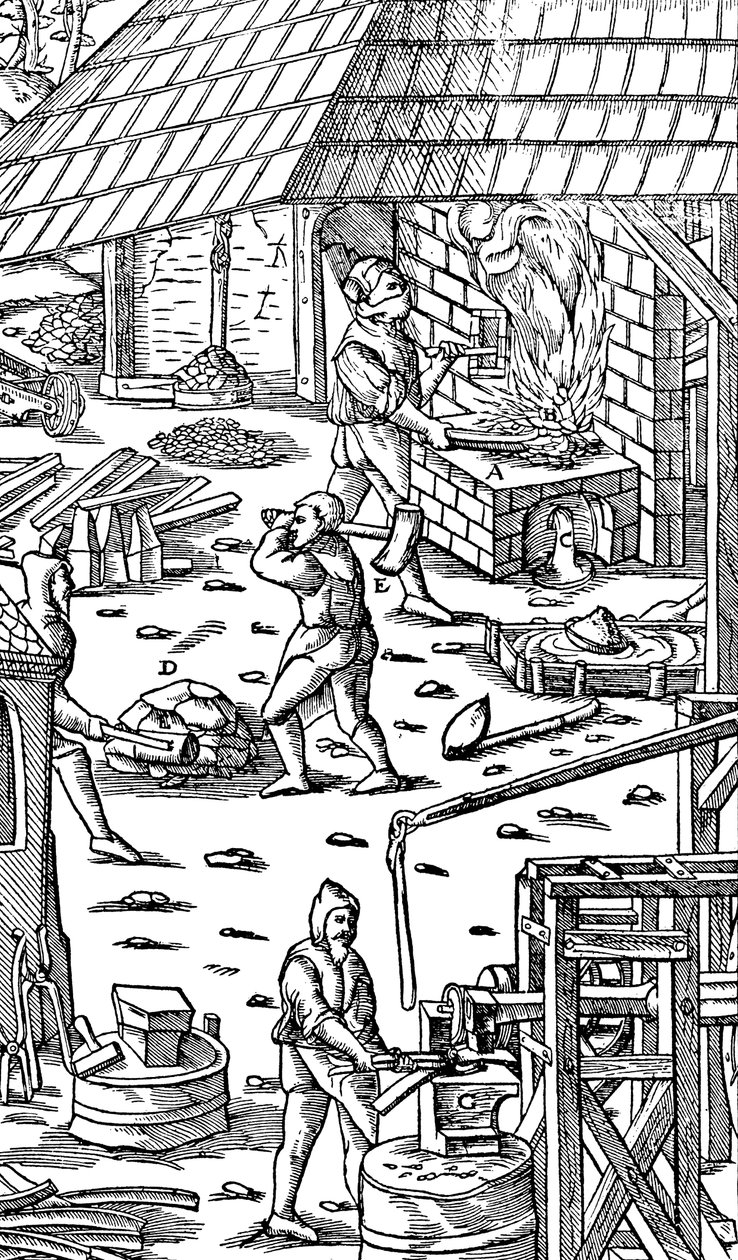 Tavicí železo a tlučící tyče s mechanickým kladivem, 1556 od Unbekannt