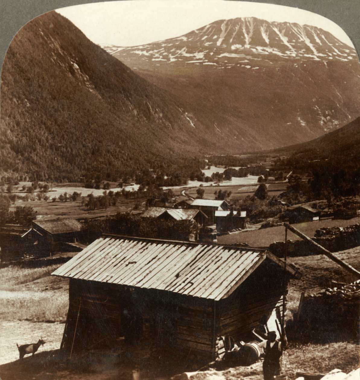 Zasněžené výšiny hory Gausta 6180 stop, nad tichými domy v údolí Maan, Norsko, c1905. od Unbekannt