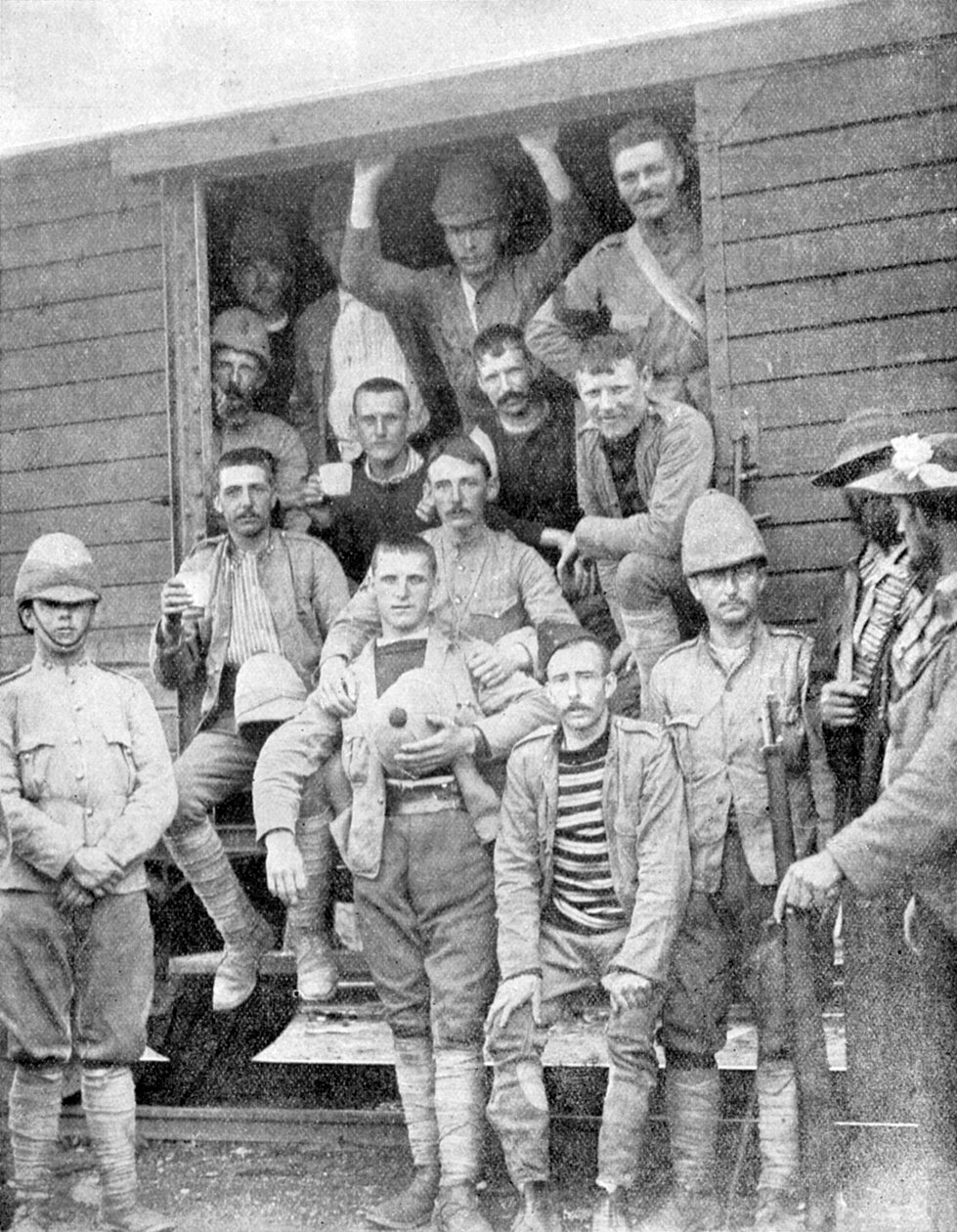 Vojáci 18. husarů ve vlaku do Pretorie, Jižní Afrika, búrská válka, 1900 od Unbekannt