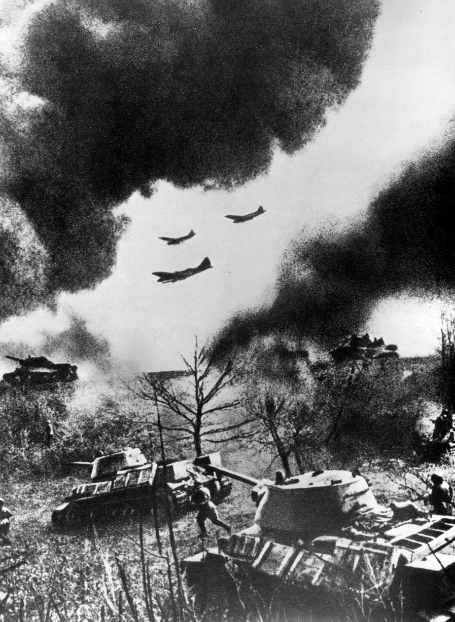 Sovětské tanky a letadla zahajující útok, Rusko, 1943 od Unbekannt