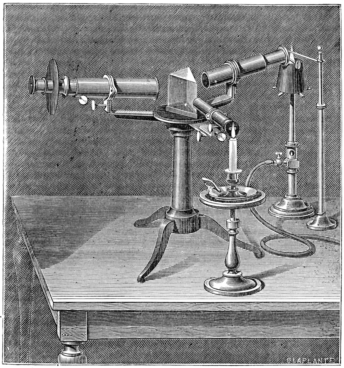 Spektroskopický přístroj používaný Robertem Wilhelmem Bunsenem a Gustavem Robertem Kirchhoffem, c1895 od Unbekannt