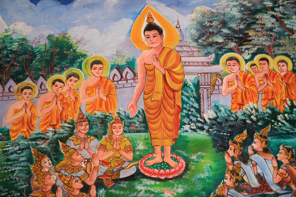 Šíření Dharmy. Život Buddhy. Stropní umělecká díla zobrazující život Buddhy. Wat Inpeng. Vientiane. Laos, 20151029, Vientiane, Laos od Unbekannt