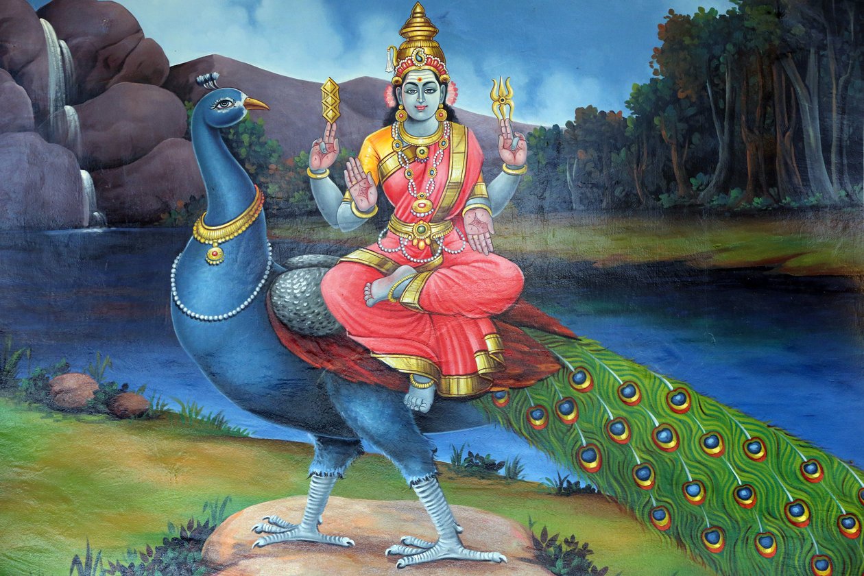 Hinduistický chrám Sri Mariamman. Sri Gowmari s pávem, symbolem Subramanyan. Singapur od Unbekannt