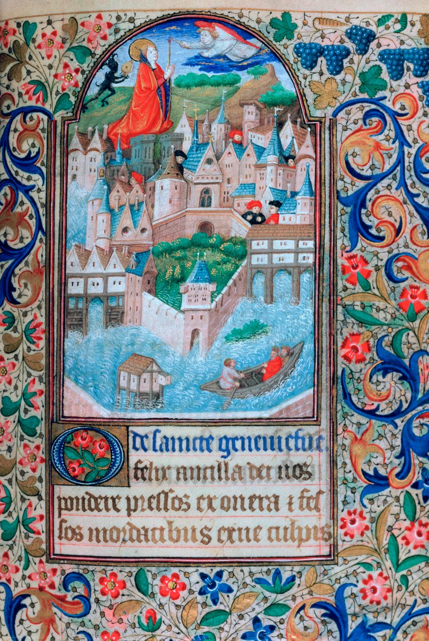 St Genevieve se modlí na věžích Notre Dame, Paříž, 15. století od Unbekannt