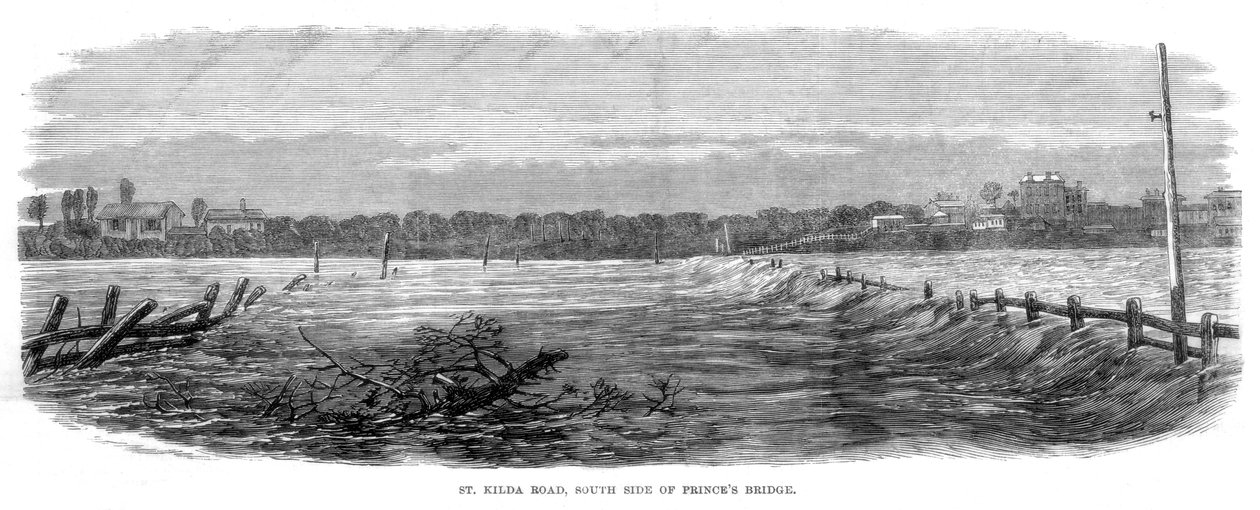 St Kilda Road, jižní strana Princes Bridge - Povodně v Melbourne, Austrálie, 1864 od Unbekannt