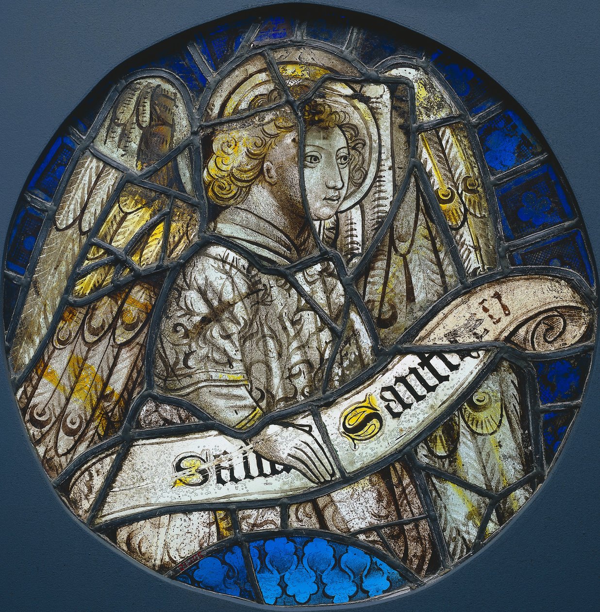 Rondel z barevného skla s andělem držícím svitek, c. 1425-1450. od Unbekannt