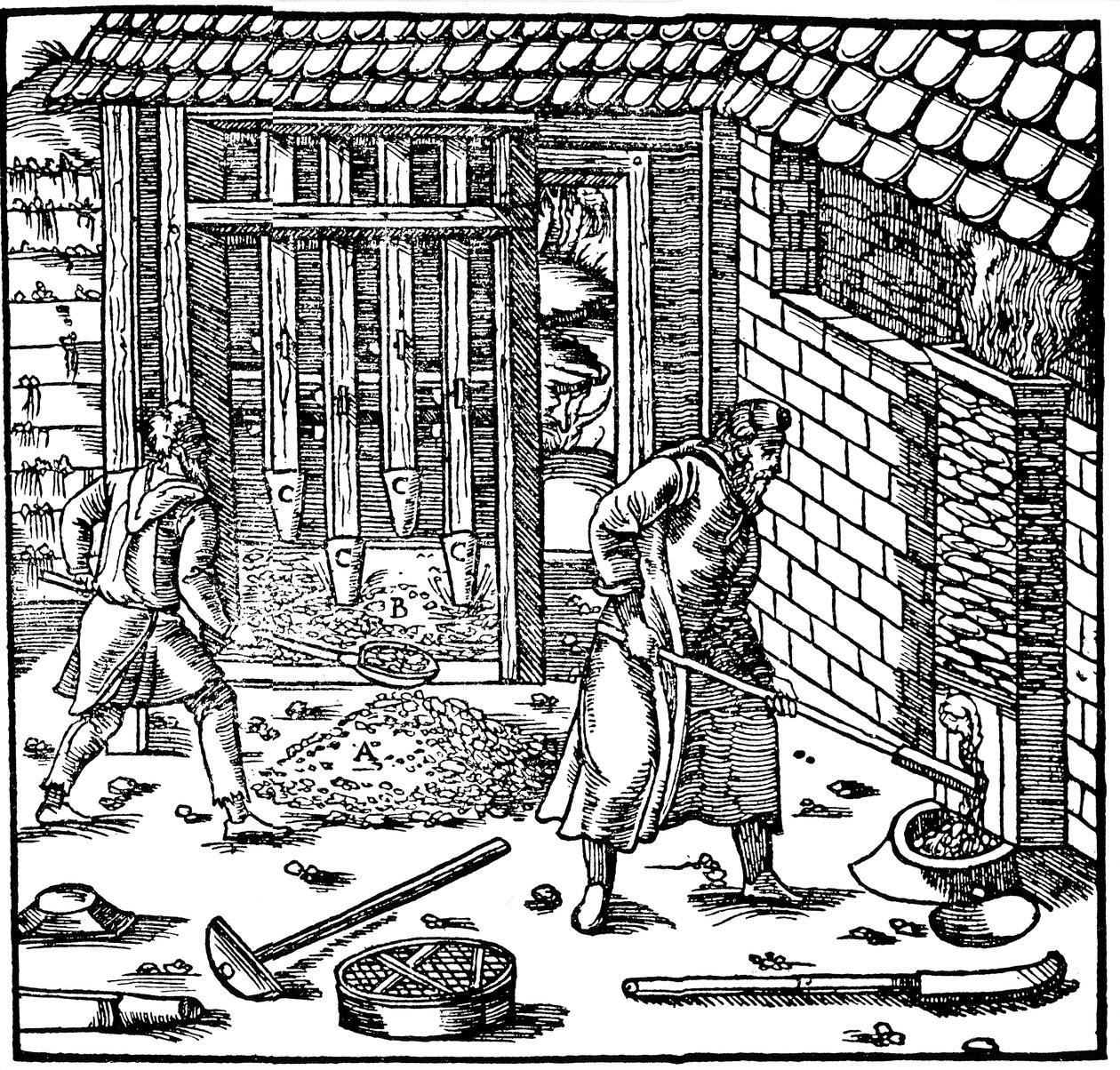 Ražení a pražení rudy k získávání kovu, 1556 od Unbekannt
