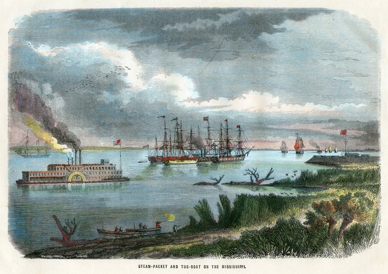 Parní balíček a vlečný člun na Mississippi, USA, c1875 od Unbekannt