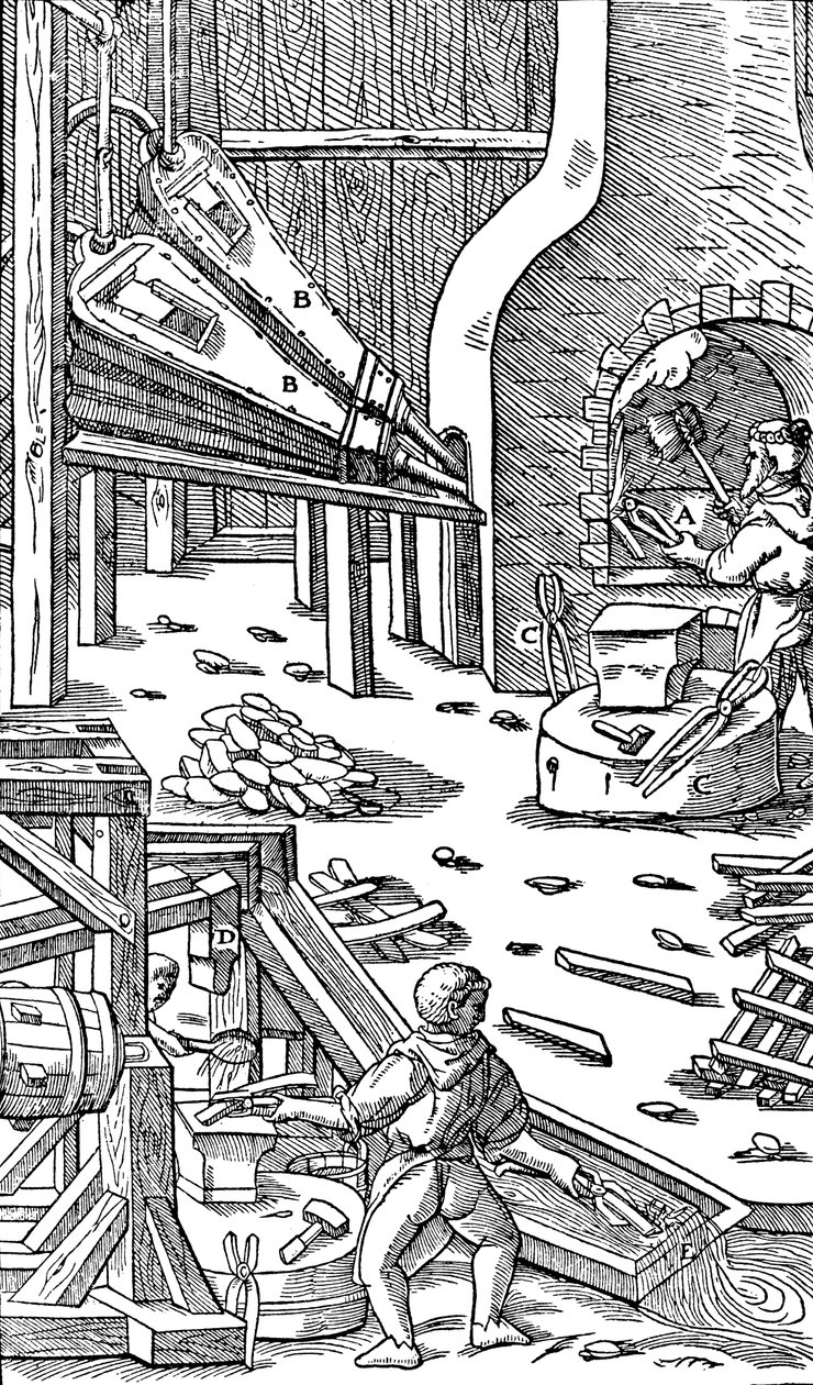 Výroba oceli: kovárna s měchem na výrobu tahu, 1556 od Unbekannt