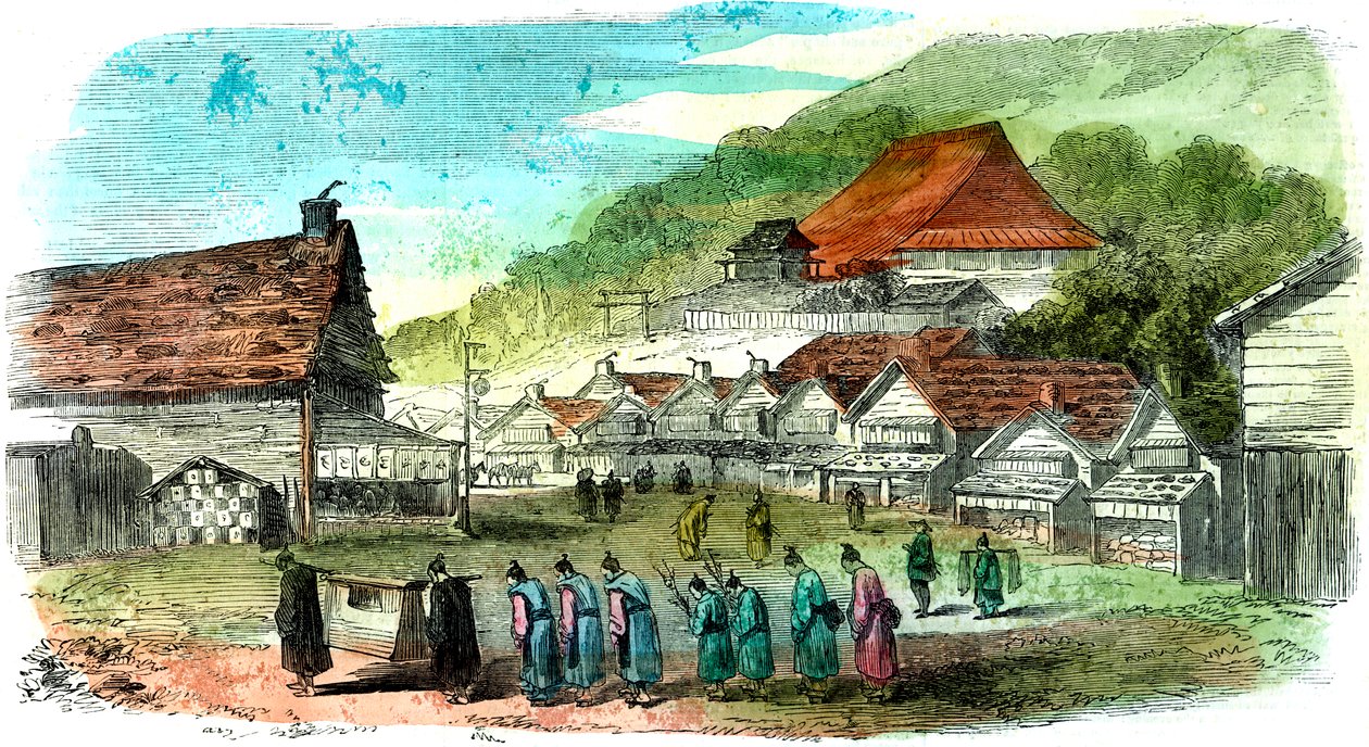 Ulice v Hakodate a pohřební průvod, Japonsko, 1856 od Unbekannt