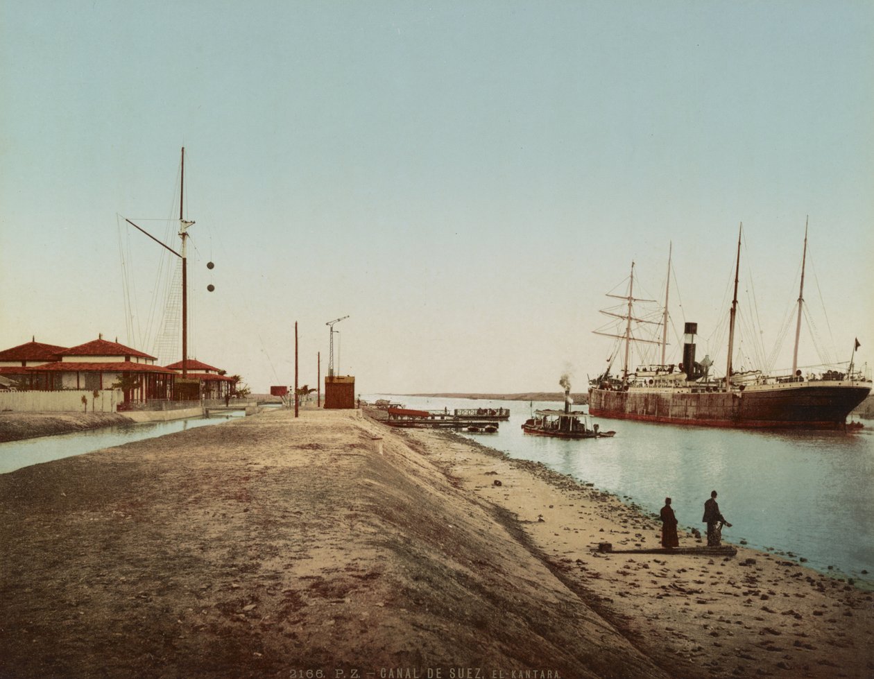 Suezský průplav v El Qantara, kolem roku 1900 (barevné fotochrom) od Unbekannt