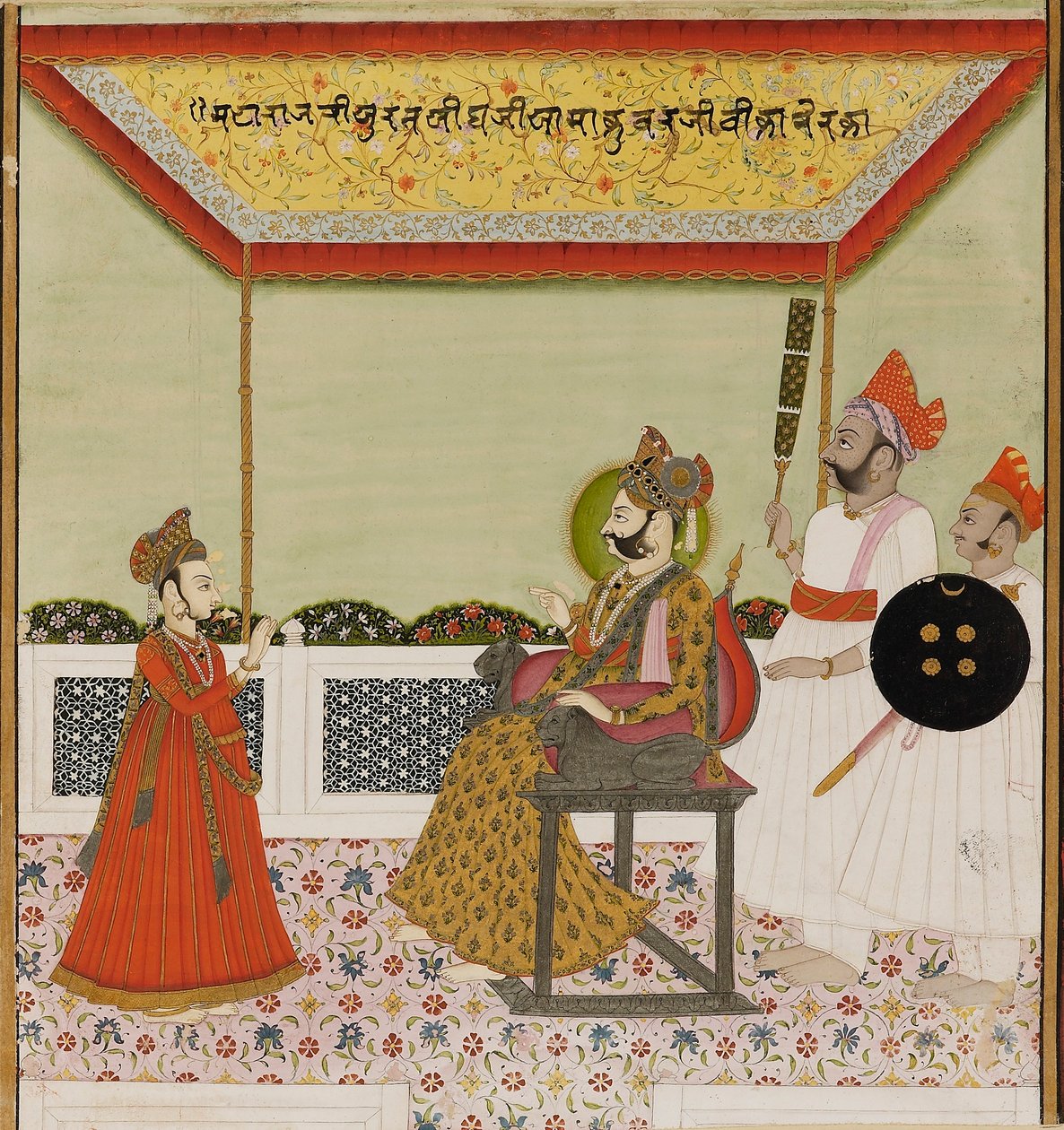 Surat Singh sedí na trůnu vyzbrojeném lvy a přijímá svého malého syna, c1800 od Unbekannt