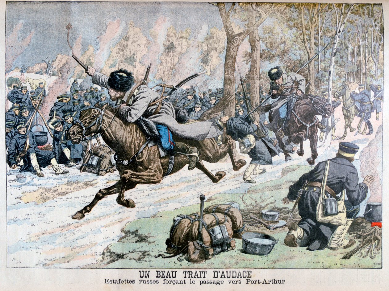 Překvapivý útok ruské kavalérie na cestě do Port Arthur, rusko-japonská válka, 1904 od Unbekannt