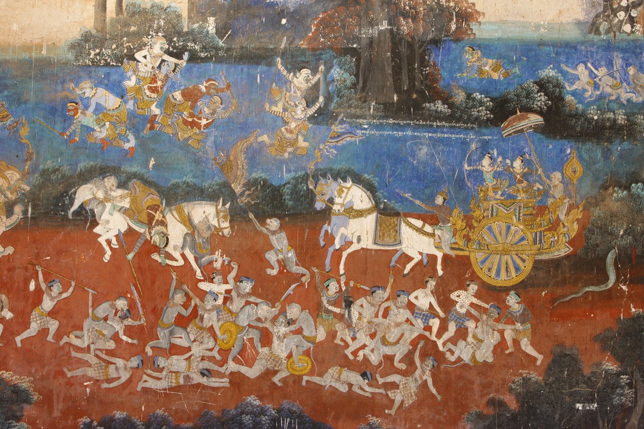 Sylver PagodaTato nástěnná malba zobrazuje scény z Reamker, což je kambodžská nebo khmerská verze klasické hinduistické básně Ramayana, Phnom Penh, Kambodža od Unbekannt