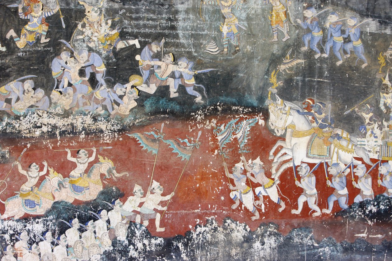 Sylver PagodaTato nástěnná malba zobrazuje scény z Reamker, což je kambodžská nebo khmerská verze klasické hinduistické básně Ramayana, Phnom Penh, Kambodža od Unbekannt